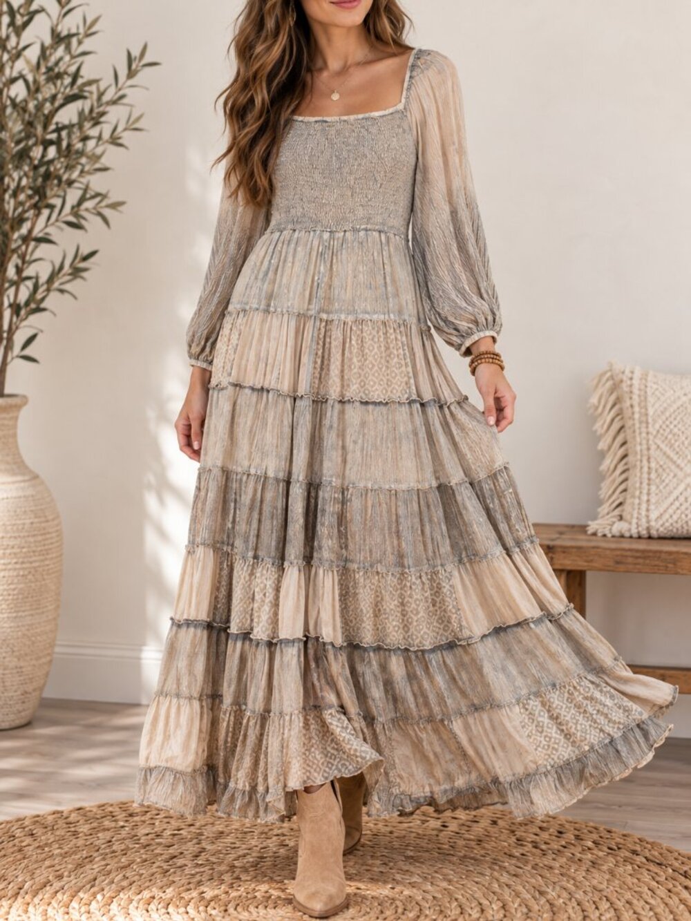 406. Women's Cream with Light Gray Boho Patchwork Maxi Dress